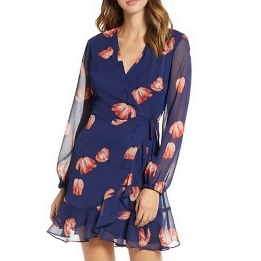 All In Favor Blue Wrap Dress Sheer Sleeves Red Flower Print - XL